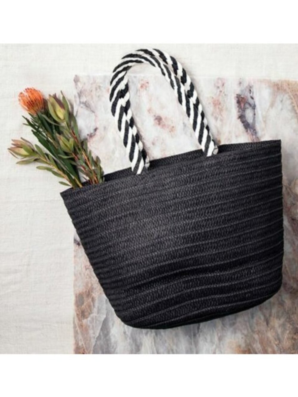 Rachel Zoe Woven Tote Bag Black & White Striped Handles